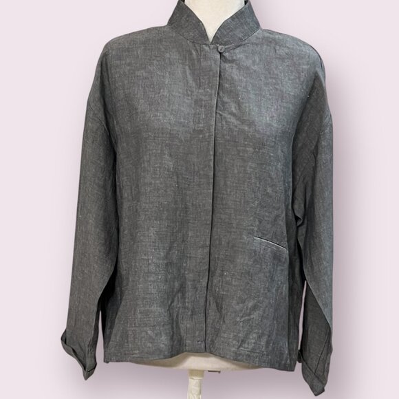 Eileen Fisher M Gray Button Front Shirt Jacket Linen Rayon Blend USA Long Sleeve - Picture 1 of 9